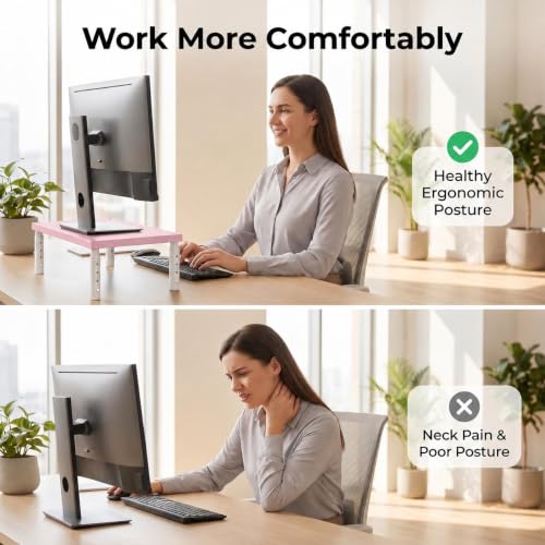 Image of OPNICE Adjustable Monitor Stand Riser for Desk, Wood Computer & Laptop Stand, Desk Organizers and Accessories, Office Desk Accessories & Workspace Organizer for Home Office Supplies, Pink