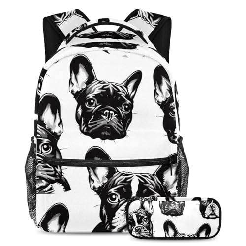 Cartable bouledogue français avec trousse ensemble scolaire grand format