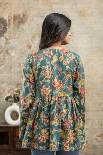 Image of LABEL ADRIJA Cotton V Neck Anarkali Short Kurti for Women Full Sleeve Floral Print | Short Kurtis for Women on Jeans