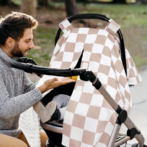 Image of DILIMI Baby Car Seat Cover, Minky Warm Car Seat Covers for Babies, Peekaboo Opening Infant Car Seat Cover, Nursing Cover Carseat Canopy, Coffee Checkered