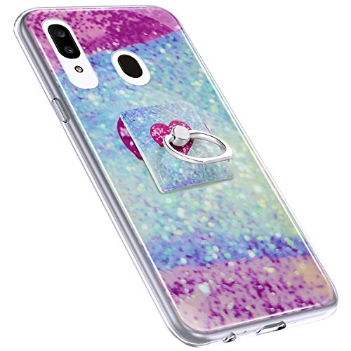 Urhause Cover Compatible with Samsung Galaxy A20 Case Sparkle Glitter Bling Marble Case TPU Silicone Ring Holder Cover 360 Degree Rotation Ring Holder Kickstand Shiny Bling Shockproof Cover Blue