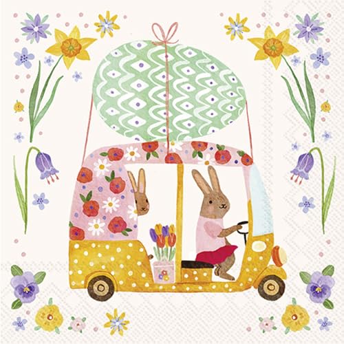 IHR Ideal Home Range Cocktail Napkins Disposable 3-Ply Paper Party Napkin Pack, 5" x 5", Tuk Tuk Bunnies, 20-Count