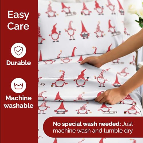Twin Christmas Holiday Gnomes Red Sheet Set - Holiday Xmas Pattern Bedding Set - Deep Pockets - Snug Fit - 3 Piece - Wrinkle Free - Comfy Festive Winter - Holiday Sheets for Women, Men, Kids & Teens