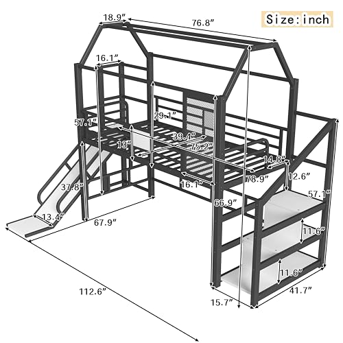 Image of YOPTO Twin House Loft Bed with Slide and Stairs,Metal House-Shaped Roof Playhouse Bed w /Storage Shelves,Noise-Free,for Student Dorms,Studio,Black