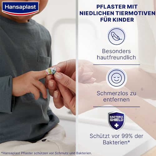 Hansaplast Kinderpflaster Sensitive (20 Strips), Wundpflaster mit niedlichen Tiermotiven zum Aufmuntern, schmerzlos zu entfernendes Pflaster Set