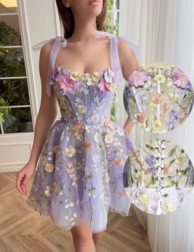 Ftupza Embroidery Short Homcoming Dresses with Pockets A-line Tulle Cocktail Dresses Spaghetti Strap Prom Party Gown2