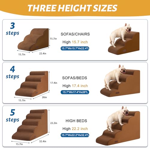 Image of Aodisman Dog Steps for Bed or Couch,4-Step Pet Stairs Ramp for Small Dogs | 17.4 inch H Indoor Non-Slip Dog Stairs Help Senior Dogs,Short-Legged Breeds,Puppies and Cats to Reach Beds and Chairs,Grey,Brown