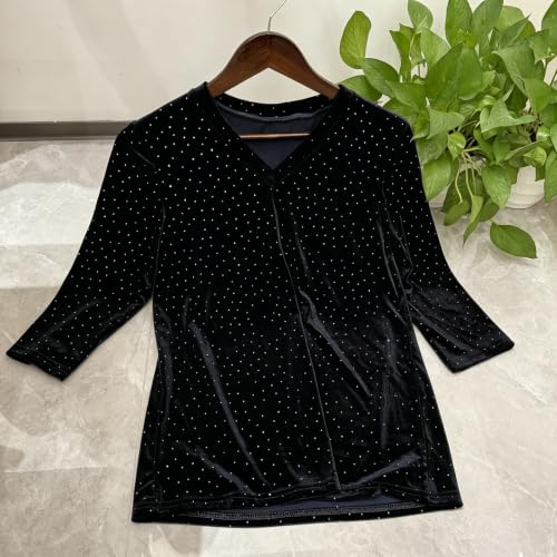Women Velvet V Neck 3/4 Sleeve Sparkle Dot Tunic Top Soft Stretch Shiny Rhinestone Blouse, Dressy Casual Shirt for Holiday Night Out Event Black - image 3