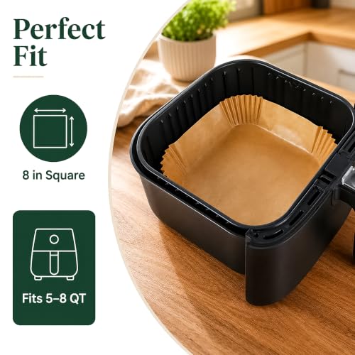 Image of Eightiz 100 PCS Air Fryer Paper Liners, Disposable Parchment Paper, Oil-Proof Non-Stick Baking Sheets for Air Fryer, Microwave, Baking, Roasting, Frying & Cooking (Square, 8 Inch).