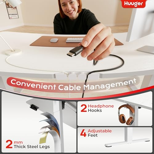 Image of Huuger Electric Standing Desk with Power Outlets and USB-C Port, 55 X 24 Inch Height Adjustable Desk, Sit Stand Desk for Home Office, Computer & Gaming Desk with 4 Presets, Stable Steel Frame, White