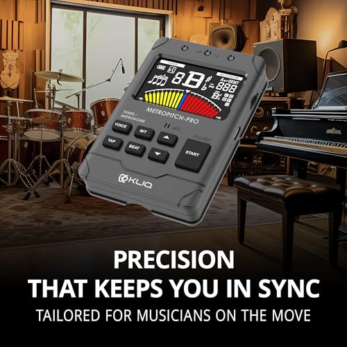KLIQ MetroPitch-PRO - Rechargeable Metronome Tuner for All Instruments - with Guitar, Bass, Violin, Ukulele, and Chromatic Tuning Modes - Tone Generator - Wired sensor Included, Black