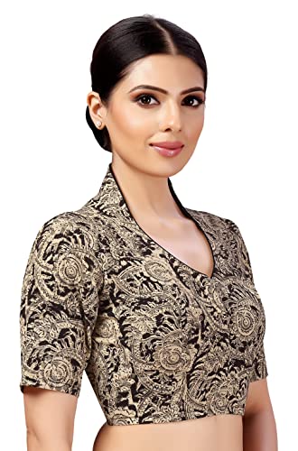 Image of Studio Shringaar Women Cotton Kalamkari Printed with Elbow Length Sleeves Readymade Saree Blouse