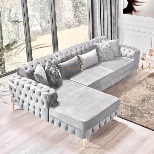 Snooze Luxury Chesterfield Seater Plush Velvet L-Shaped Corner Sofa – Deep Button-Tufted Design with Elegant Gold Metal Legs – Chaise Lounge Couch (Silver Plush, Fabric Swatch)