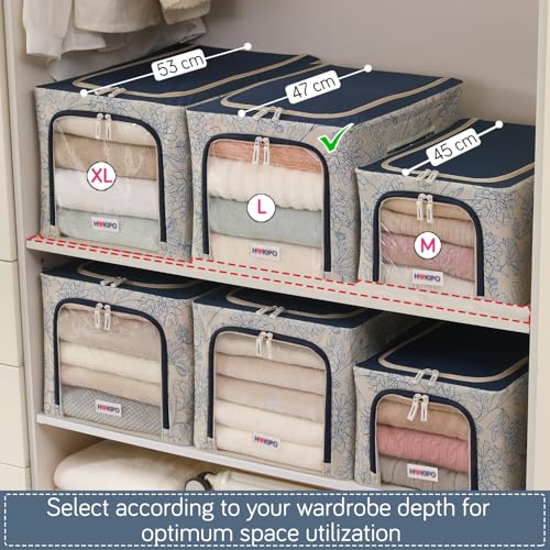 Image of HOKIPO Clothes Storage Box, 600D Oxford Fabric Organiser for Wardrobe, Blue Blossom - Large Pack of 2 (AR-6489-BLU*2)