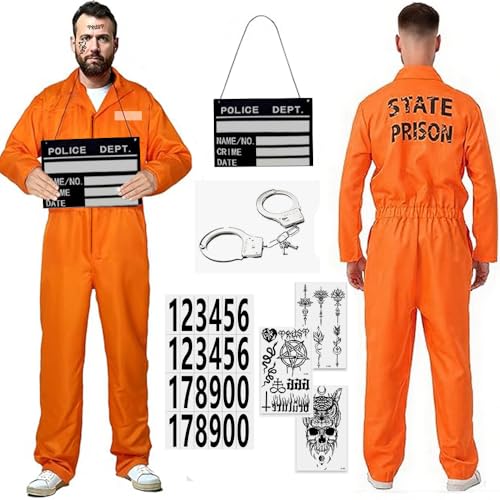 RIRIDAMAI Gefängnis Kostüm Orange Herren Damen, Gefangener Kostüm, Prisoner Overall Costume mit Sträfling Accessoires,...