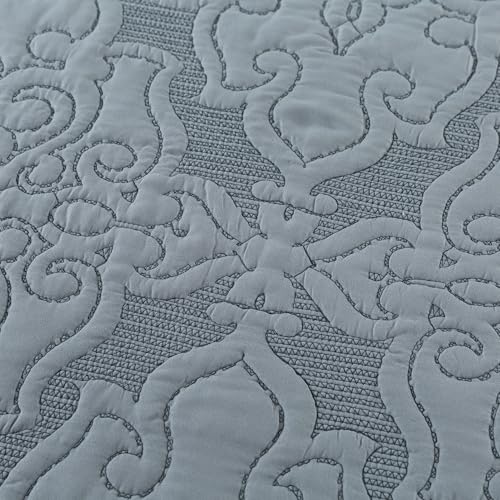 NEWLAKE Reversible Quilt Bedspread Embroidered Microfiber Coverlet Set,Jacquard Embossed Floral,Grey, King Size