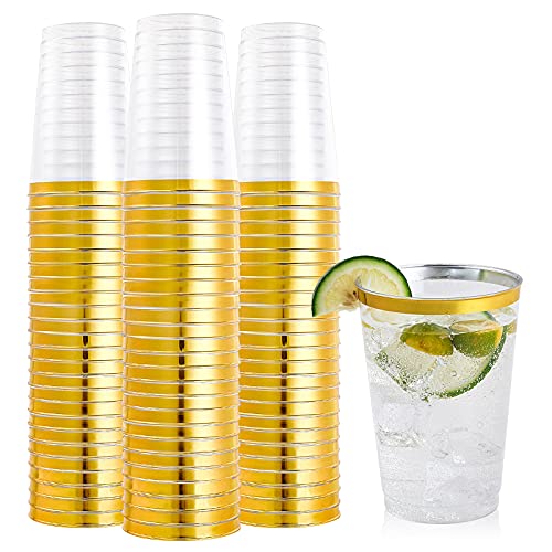100 Pack 12 oz Gold Rimmed Plastic Cups, FOCUSLINE Clear Plastic Cups Tumblers, Heavy-duty & Fancy Disposable Hard Plastic Cups with Gold Rim for Wedding Cups Elegant Party Cups