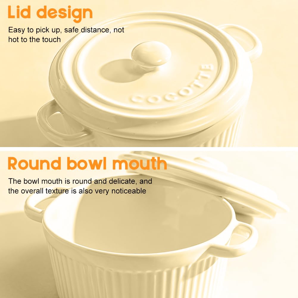 Mini Cocotte con tapa, cazuela pequeña de porcelana con asas, pequeños moldes de cerámica, cazuela pequeña para lasaña, soufflé, horno, microondas, lavavajillas (beige-L-2 unidades)