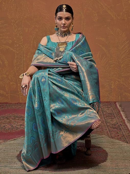 Womens Kanjivaram Silk Saree with Zari Woven Saree With Blouse Piece