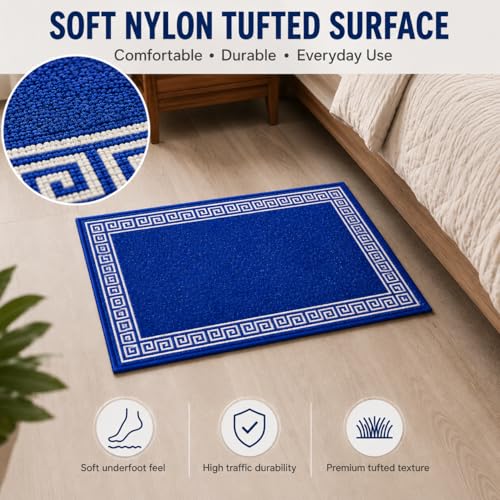 Image of Matz&More Greek Single Line Floor Mat | 40x60 CM | Blue White | Nylon Tufted Gel Baking Anti-Slip | Doormat for Home Entrance, Kitchen & Bedroom