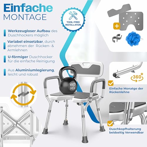 KESSER® Taburete de ducha con respaldo, Asiento Bañera Ortopedia para Personas Mayores y Embarazadas, Taburete de Baño soporta 150 kg, 6 Niveles, Altura Regulable 38-54 cm, Pies Antideslizantes - imagen 5
