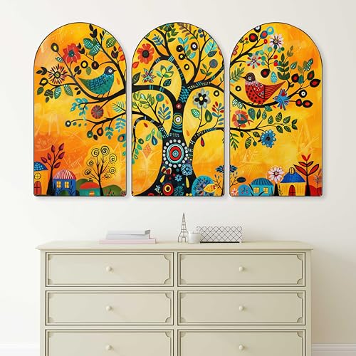 Image of Livin'luxe Set of 3 Folk Art Tree of Life Wall Painting for Living Room, Bedroom, Hotels - Big Size stylish frame 50 inch x 30 inch Wall Art for Home Decoration RPNL-27