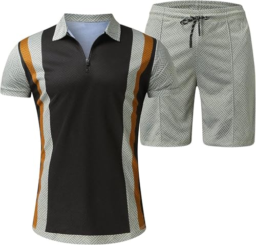 Mens Short Sets 2 Piece Outfits Short Sleeve Zipper Polo Shirts and Shorts Sets Classic Gym Workout Summer Tracksuits3