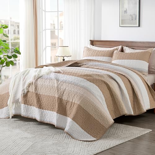 Image of Andency Taupe Striped Quilt Set Cal King(104x112Inch), 3 Pieces (1 Quilt and 2 Pillowcases) Patchwork Bedspread Coverlet Set, Soft Lightweight Quilted Bedding Set