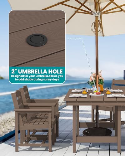 Image of SERWALL 7 Pcs Outdoor Dining Set, 1 Umbrella Hole Table & 6 Chairs, Coffee | HDPE Outdoor Dining Furniture with Rectangular Table & 6 Chairs, All-Weather Resistant SERWALL Dining Set for 6