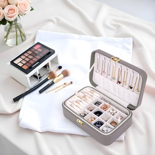 Image of BucketList Large PU Leather Jewellery Organizer Box with Necklace Hooks | Multi-Layer Jewelry Storage Case with Removable Tray & Secure Lock (PU Leather with Removable Tray (Grey))