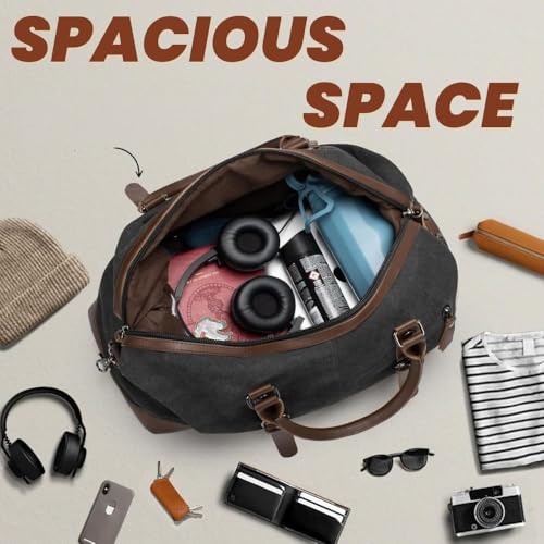Image of CAVALO - Be Unique Vintage Canvas Travel Duffel Bag for Men & Women, 40L Large Capacity Weekender Bag with Detachable Shoulder Strap, Leather Handles, for Travel, Gym & Business Trips (Black)