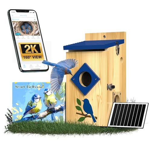BirdoorKam Smart Bird House with Camera Solar Powered,Isolated Camera Bay & Bird-Safe Varnish, 2K HD Pinewood Birdhouse with Camera Inside,Smart Bird Nest Box,Auto Detection for Backyard Birdwatching