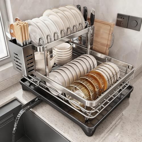 ステンレス製食器乾燥ラック, 2段式, カトラリー立て付き, グレー, 41×29×23cm (二段式)