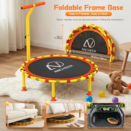 Image of ANCHEER 38 inch Toddler Trampoline for Kids, ASTM Certified Foldable Mini Trampoline with Adjustable Foam Handle, Indoor & Outdoor Kids Trampoline, Quiet Design, 200 LBS Capacity, Easy Assembly