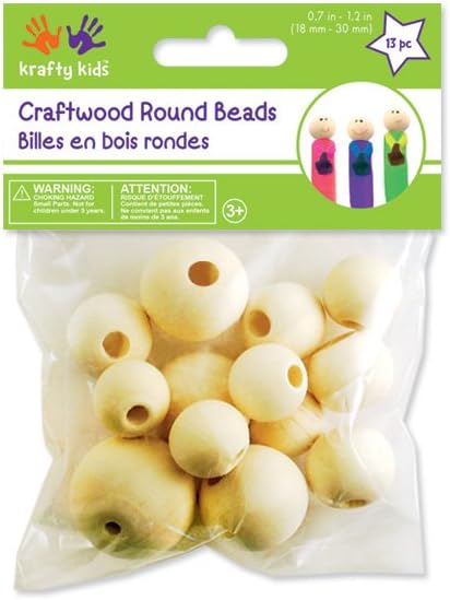 Krafty Kids Craftwood Assorted Round Beads, 18mm-30mm, Natural, 13-Piece
