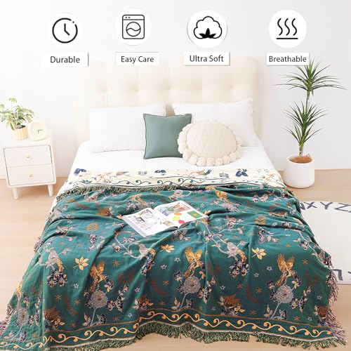 Image of VANJOROY Boho 100% Cotton Large Throw Blanket King - All Season Rustic Ultra Soft Breathable Floral Bird Blanket for Bed Sofa Couch Chair Bedspread Quilt Gift, 91 inch x 108 inch-Teal /Beige