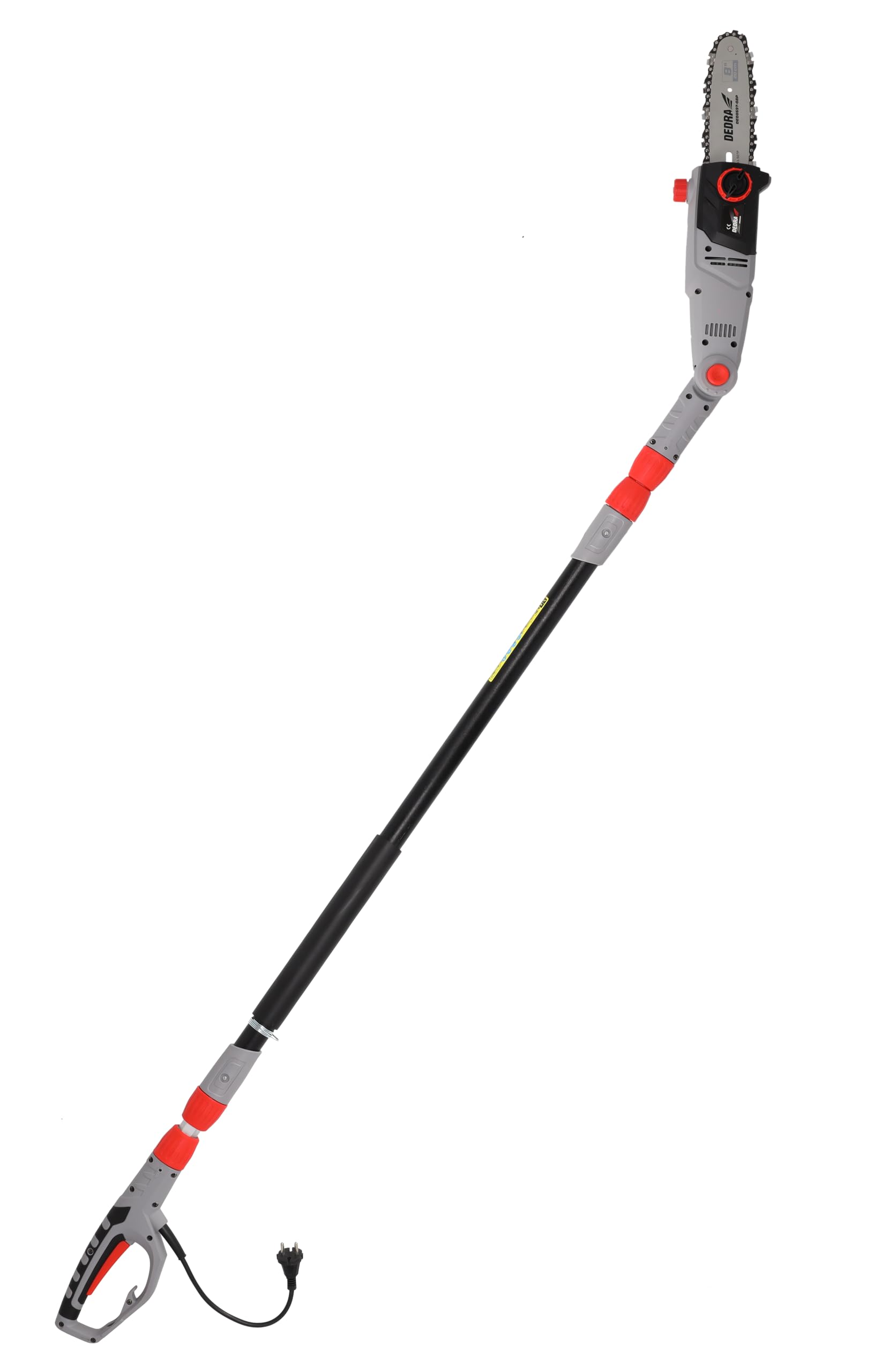 DEDRA Motosierra eléctrica DED8699 2,85 m con brazo telescópico, 750 W, 8", velocidad de cadena eficiente: 11 m/s, sistema sin herramientas para tensar la cadena, ángulo de cabeza ajustable +/-30°