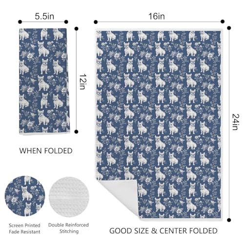 Image of Blue Chinoiserie French Bulldog Dish & Hand Towel, Dog Lover Gifts for Women Mom, Vintage Floral Dog Kitchen & Tea Towels for Kitchen Bathroom Decor, 16x24 Inch