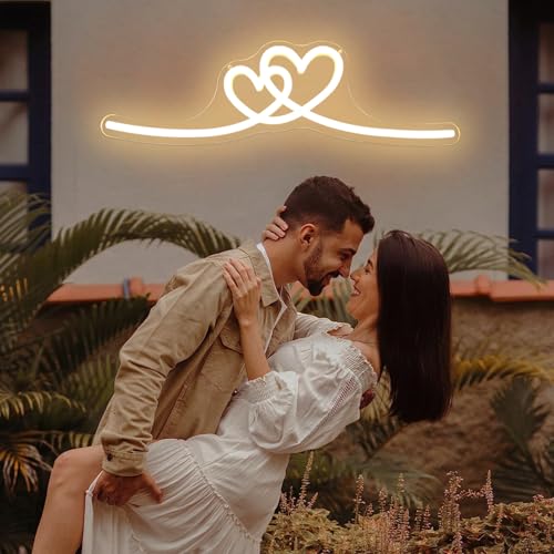 Image of Double Heart Neon Signs for Wall Decor Twin Hearts Led Sign Dimmable Warm White Neon Heart Sign Love Decorations for Girls Minimalist Bedroom(16.3 inchx 4.33 inch)