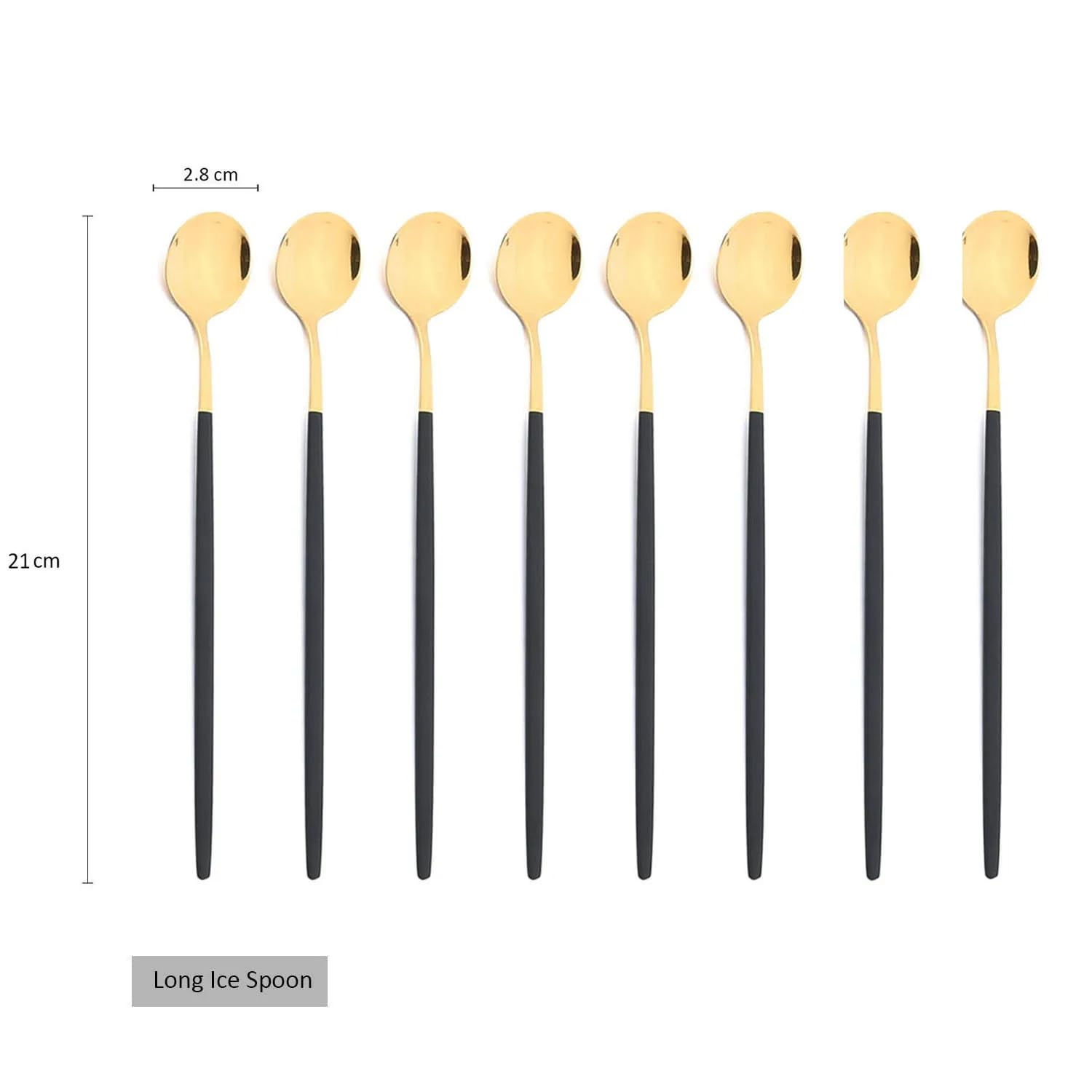 Juego de cubiertos de acero inoxidable con mango largo, 8 piezas, cuchara para mezclar café, té, utensilios de cocina, bar, color negro y dorado