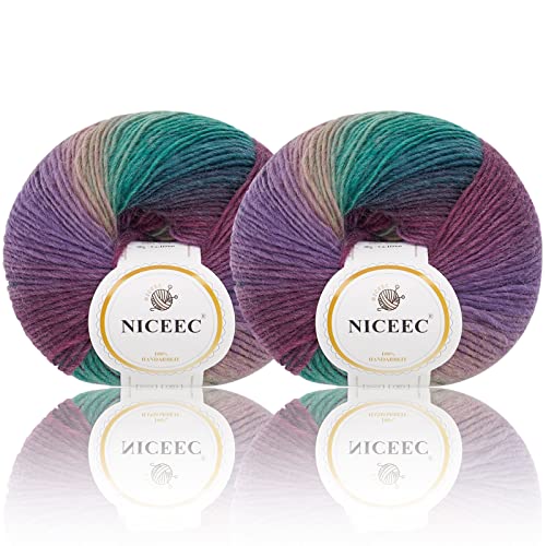 Image of NICEEC 2 Skeins Rainbow Soft Yarn 100% Wool Gradient Multi Color Yarn for Crocheting Knit Total Length 180mx2(196ydsx2,50gx2)-5#