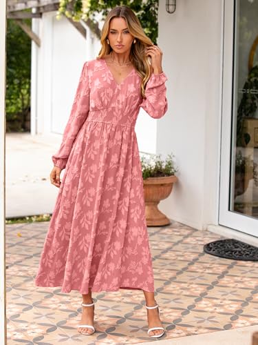 Image of Simplee Womens Boho Floral Long Sleeve Maxi Dress V Neck Empire Waist Fall Wedding Guest Dresses with Pockets