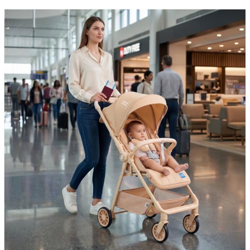 Image of Mee Mee Easy Go Baby Stroller for 0-3 Years | Lightweight Foldable Pram | One-Hand Fold & Portable Travel-Friendly Stroller | Pre-Installed Baby Buggy for Newborn Boys & Girls (Beige)