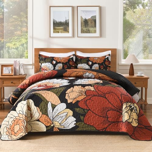 Image of Andency Floral Boho Quilt Super King Plus Size Bedding Set Black, 3 Pieces Farmhouse Flower Botanical Summer Bedspreads with 2 Shams, Soft Reversible Polyester Coverlet Set for All Season, 128 inchx120 inch