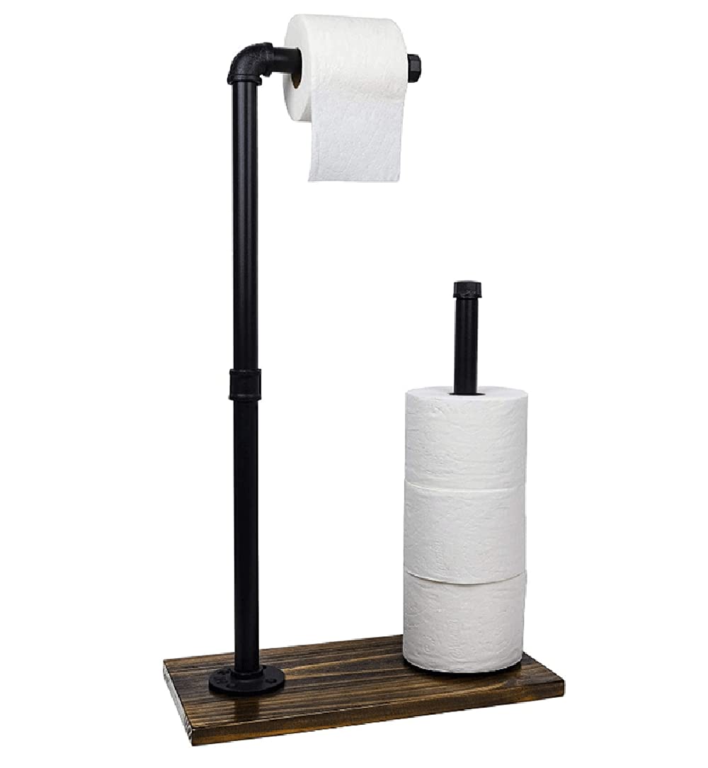 Rustic Industrial Pipe Freestanding Toilet Paper Roll Holder, Black Iron Farmhouse Paper Towel Holder