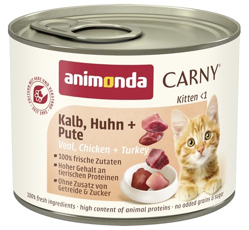 animonda Carny Katzen Nassfutter Kitten Kalb + Huhn + Pute (12 x 200g), Kitten getreidefreies Katzennassfutter ohne Zucker für wachsende Kätzchen bis 1 Jahr, mit frischen Zutaten