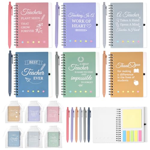 Porwke 6 Sets Thank You Teacher Gifts Teacher Notebook and Pen Set with Organza Bags Personalised Gifts for Teachers Women Men Nursery Teaching Assistant Appreciation End of Year Gifts