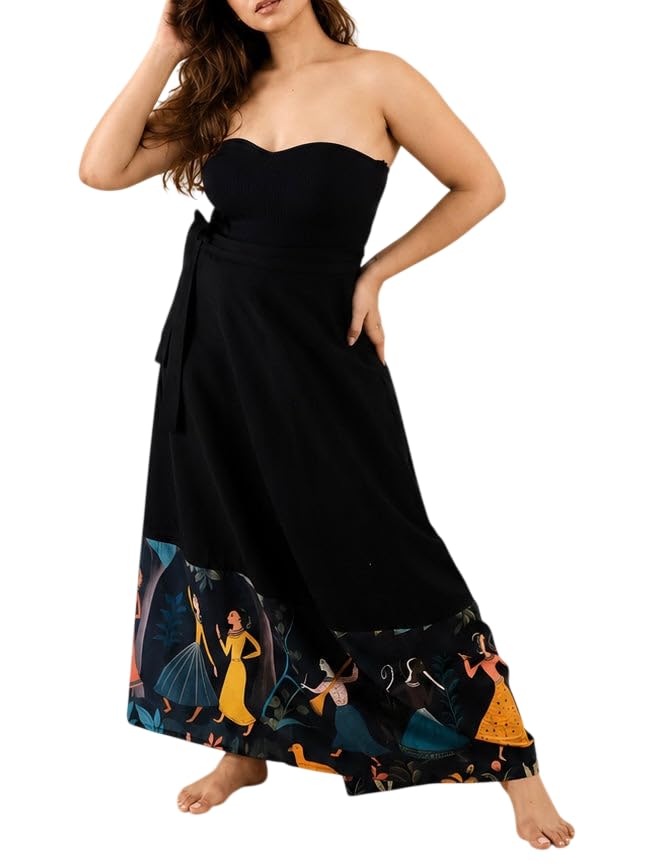 Madhuban 100% Cotton Wrap Skirt for Women | Free-Size Wrap-Around Flowy Aesthetic Musical Art Print Casual Summer Maxi Skirt Loungewear Gifting | Size One Size, Black-image-11