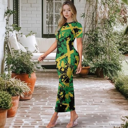 Image of Womens Short Sleeve Jamaican Flag Midi Bodycon Dress