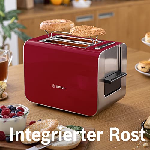 Bosch Kompakt Toaster Styline TAT8614P, integrierter Edelstahl-Brötchenaufsatz, mit Auftaufunktion und Aufwärmfunktion, perfekt für 2 Scheiben Toast, breit, Liftfunktion, Brotzentrierung, 860 W, rot